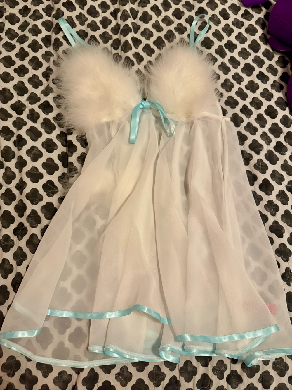 BETSEY JOHNSON White Sheer Marabou Trim Nightgown with Aqua Accents
